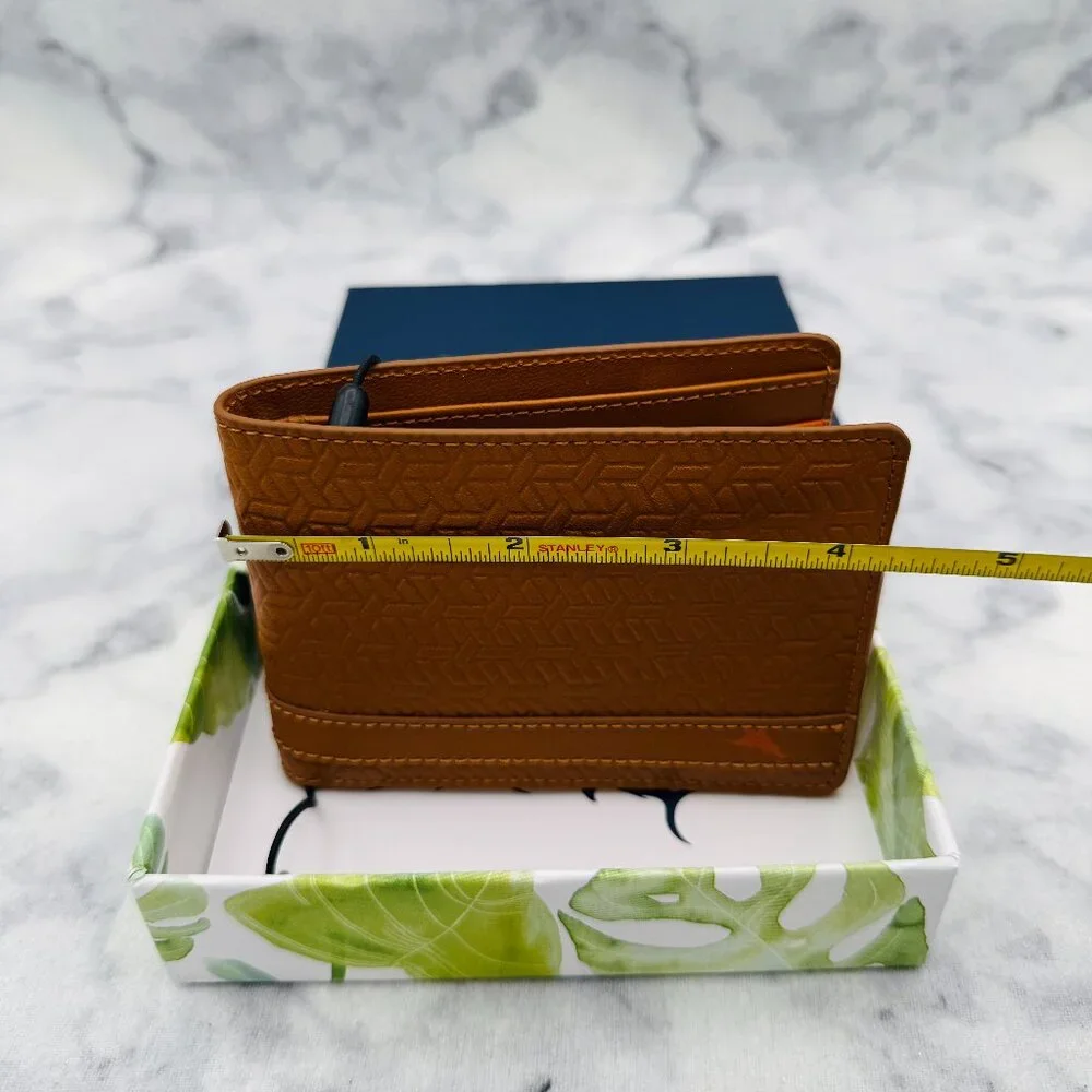 Tommy Bahama Leather Bifold Wallet,Tan Geometric Embossed,Logo Detail,Boxed-NEW - Picture 8 of 13